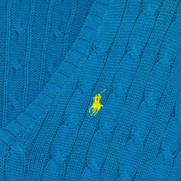 Vintage Ralph Lauren Sport Teal 100% Cotton Size Large Cable Knit V Neck Sweater - Picture 3 of 6